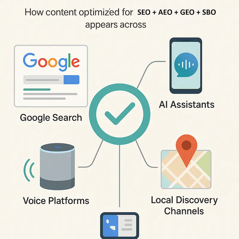 Multi-platform visibility diagram showing how content optimized for SEO+AEO+GEO appears across Google search, AI assistants, voice platforms, and local discovery channels